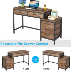 5-Drawer Computer Desk, Study Writing Table with Reversible Drawer Cabinet