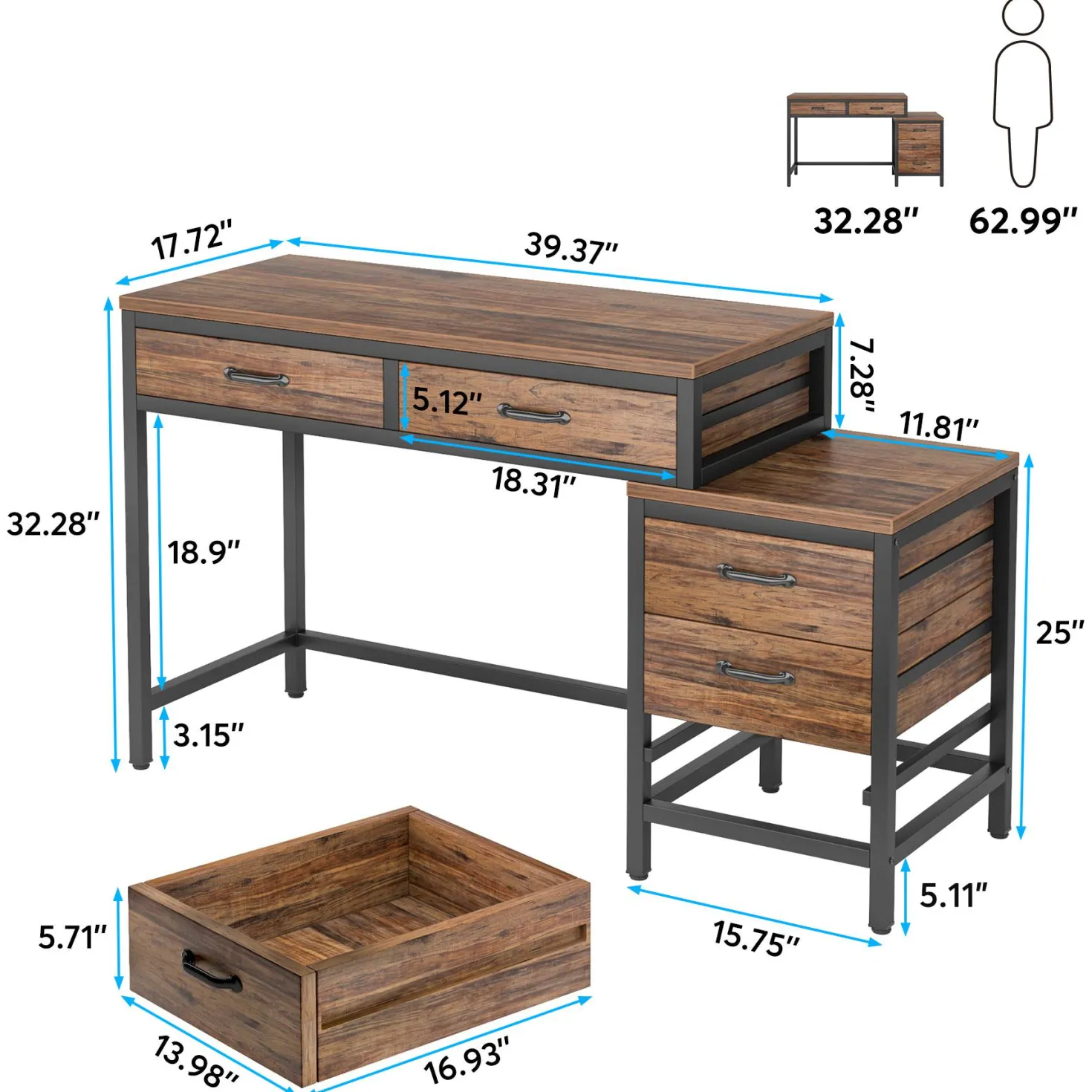 5-Drawer Computer Desk, Study Writing Table with Reversible Drawer Cabinet