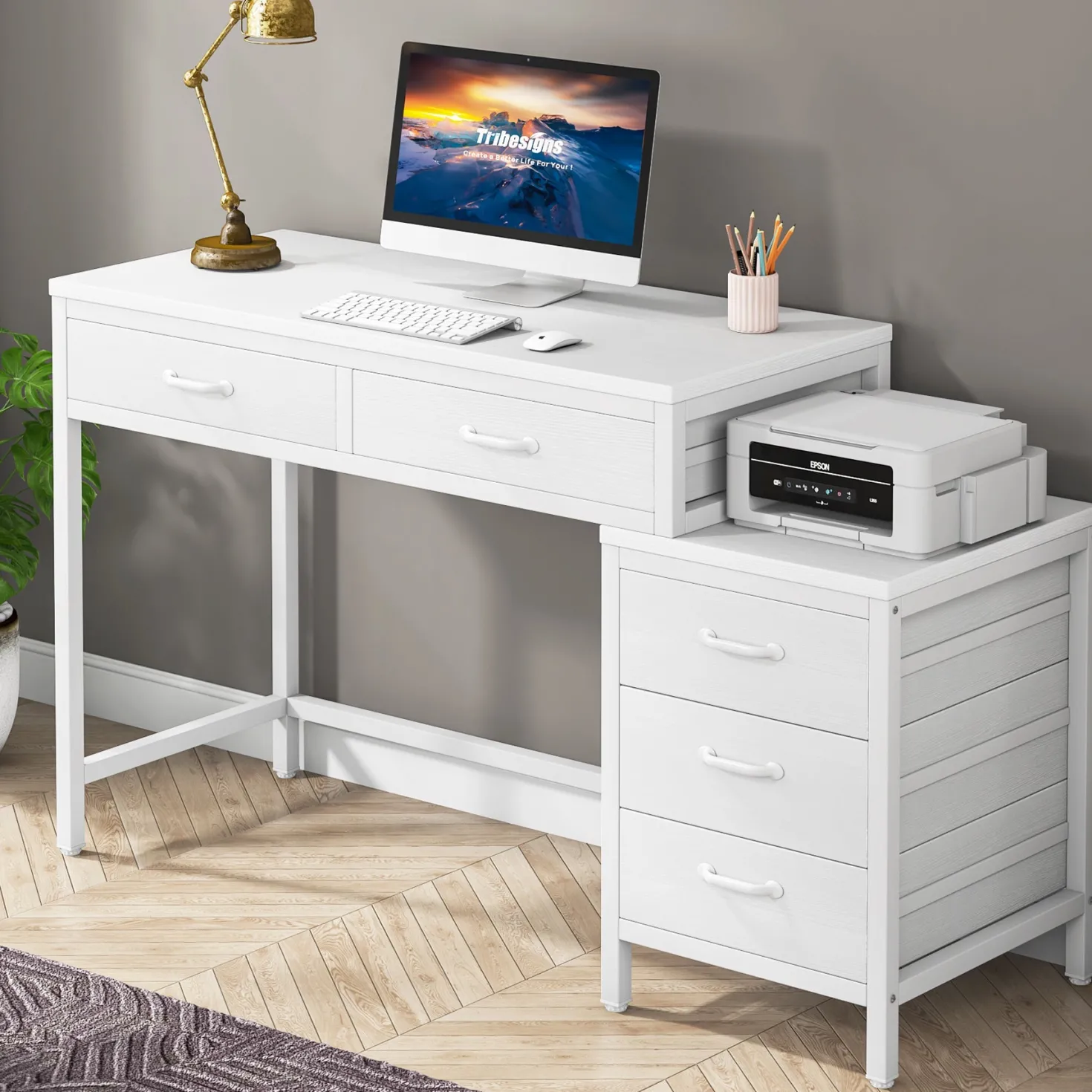 5-Drawer Computer Desk, Study Writing Table with Reversible Drawer Cabinet