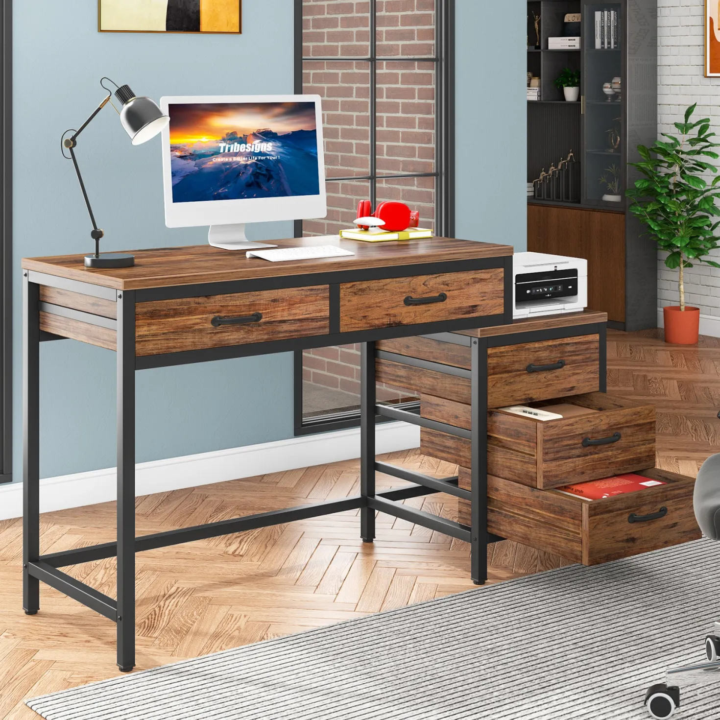 5-Drawer Computer Desk, Study Writing Table with Reversible Drawer Cabinet