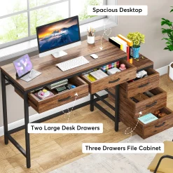 5-Drawer Computer Desk, Study Writing Table with Reversible Drawer Cabinet
