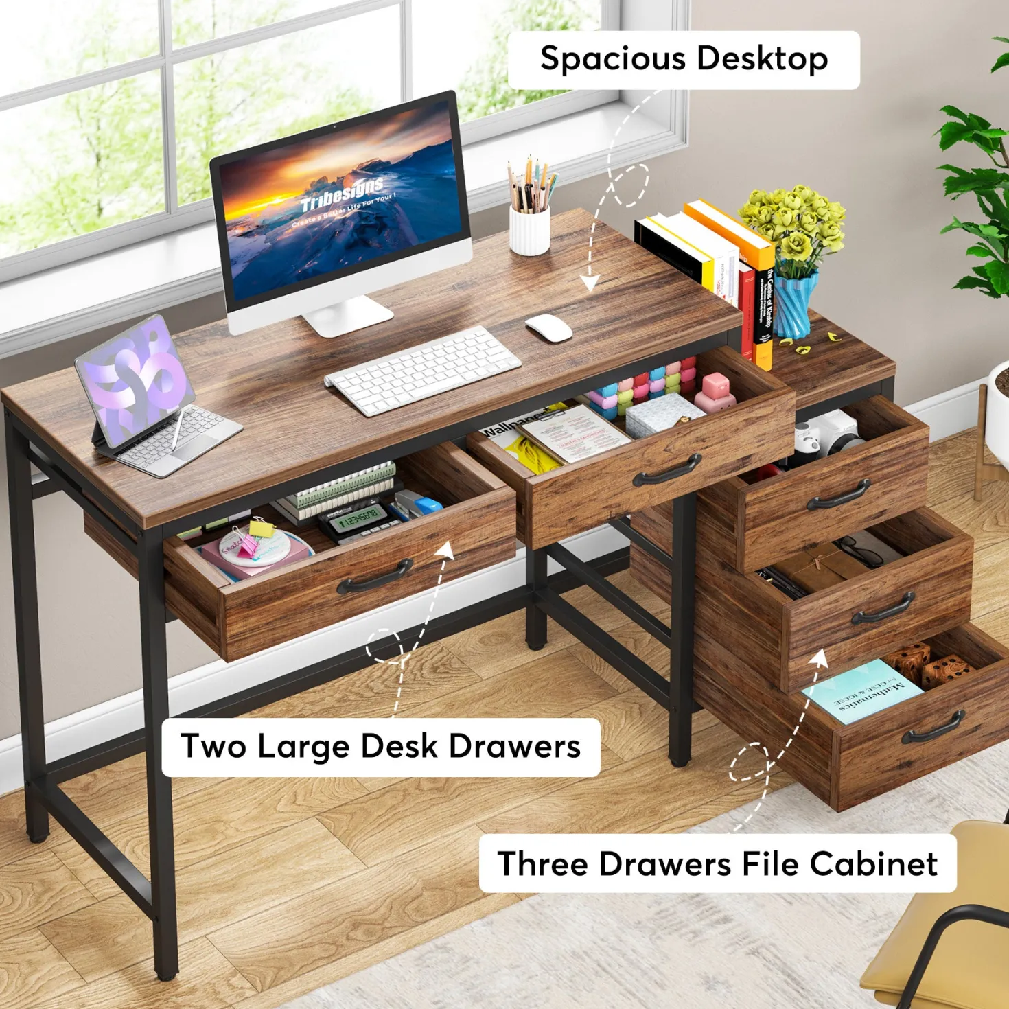5-Drawer Computer Desk, Study Writing Table with Reversible Drawer Cabinet