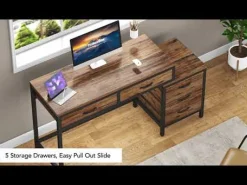 5-Drawer Computer Desk, Study Writing Table with Reversible Drawer Cabinet