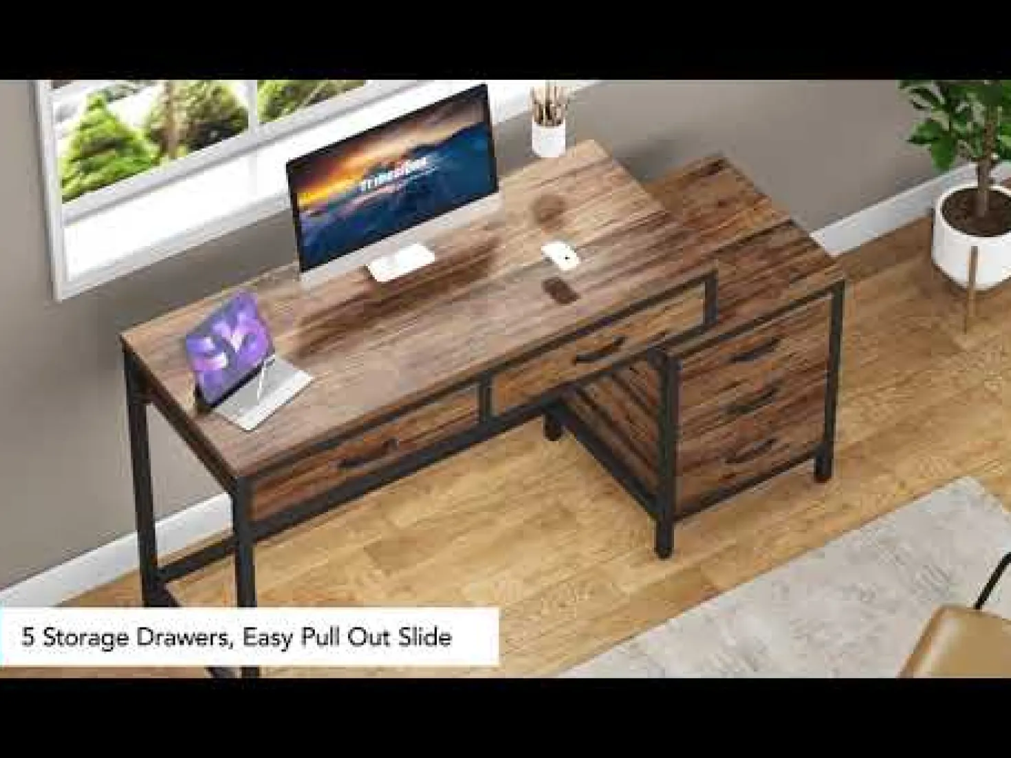 5-Drawer Computer Desk, Study Writing Table with Reversible Drawer Cabinet