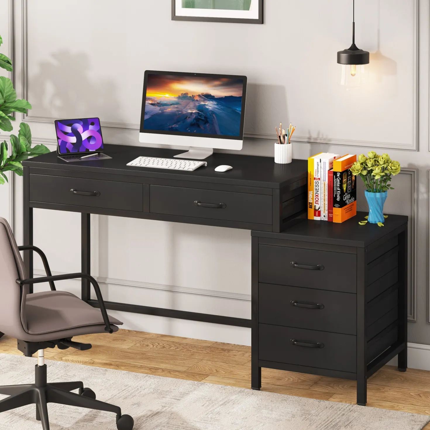 5-Drawer Computer Desk, Study Writing Table with Reversible Drawer Cabinet
