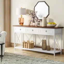 3-Drawer Console Table, 70.8" Sofa Foyer Table with Storage Shelf