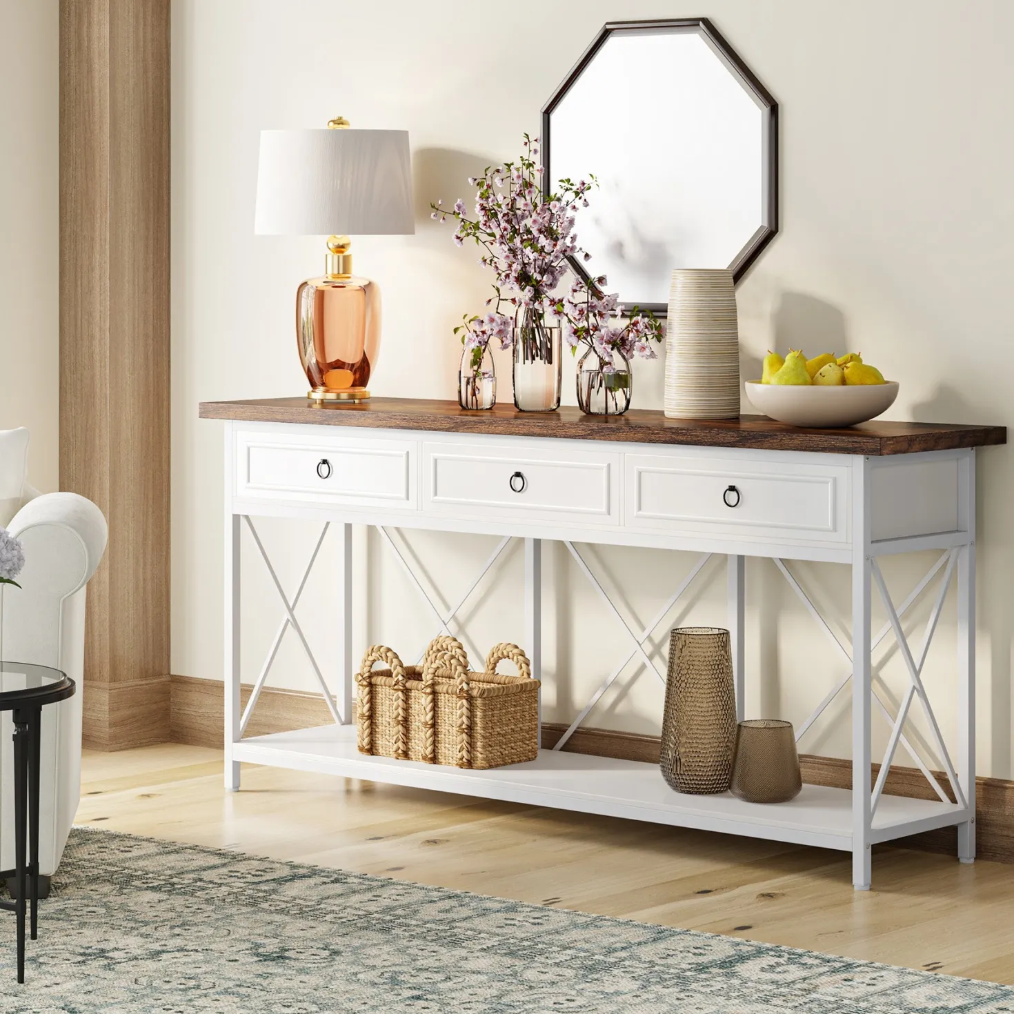 3-Drawer Console Table, 70.8" Sofa Foyer Table with Storage Shelf