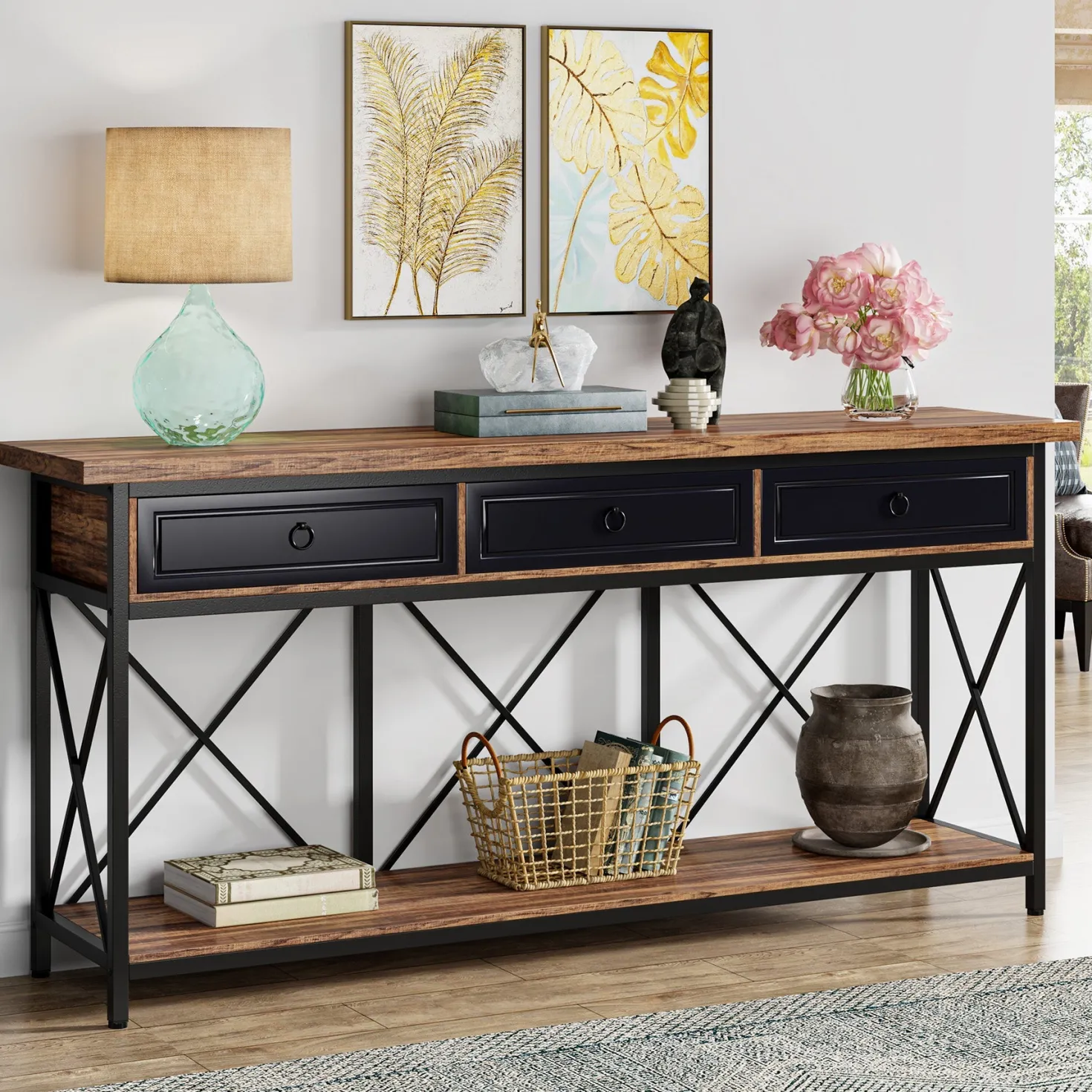 3-Drawer Console Table, 70.8" Sofa Foyer Table with Storage Shelf