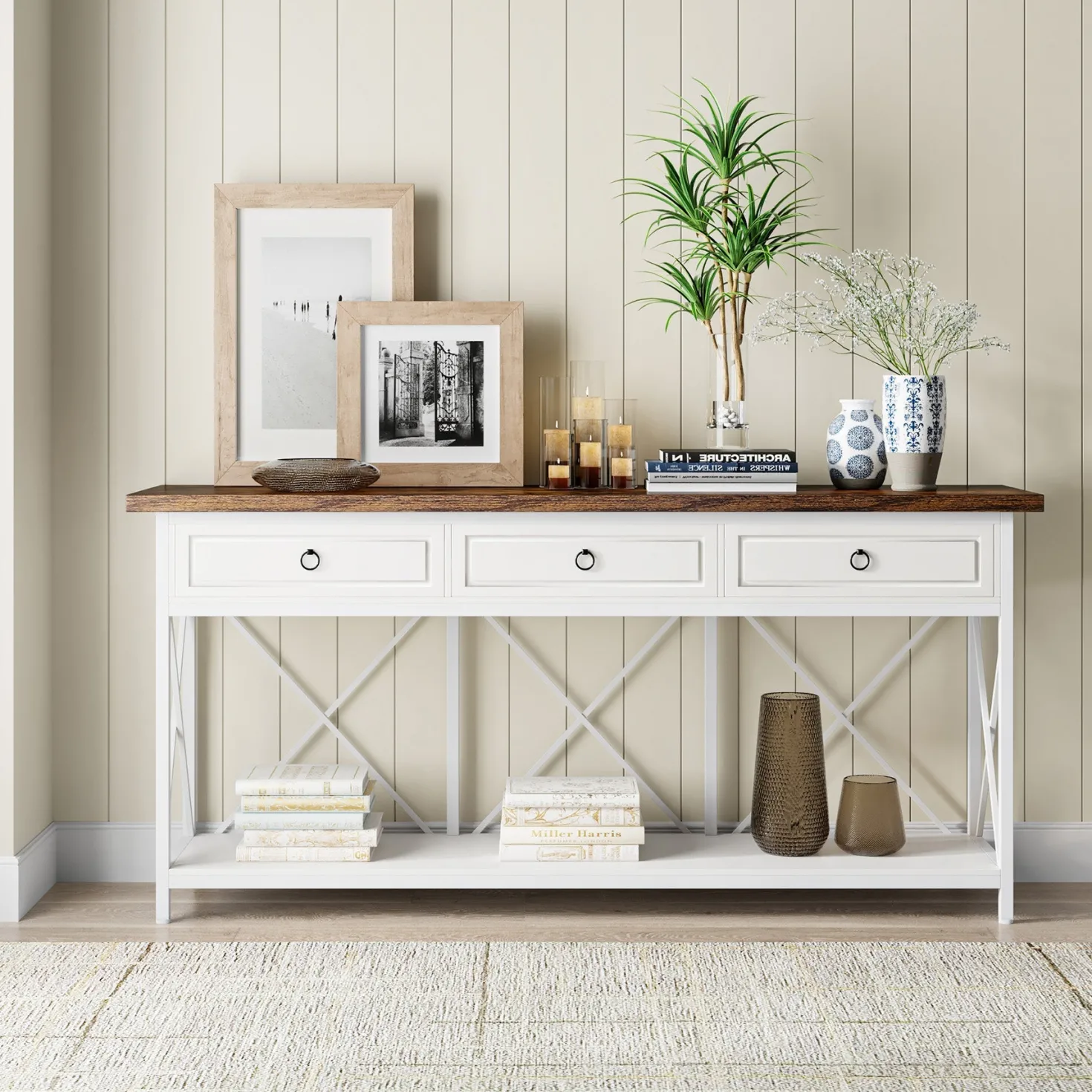 3-Drawer Console Table, 70.8" Sofa Foyer Table with Storage Shelf