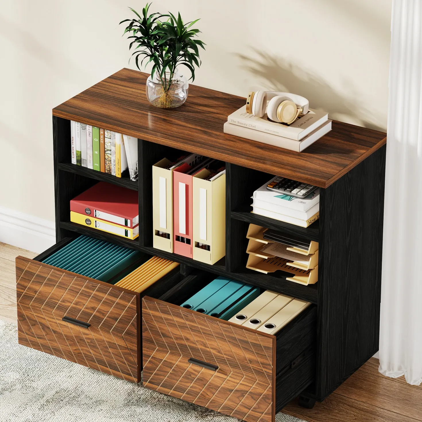 2-Drawer File Cabinet, Mobile Lateral Filing Cabinet with Shelves