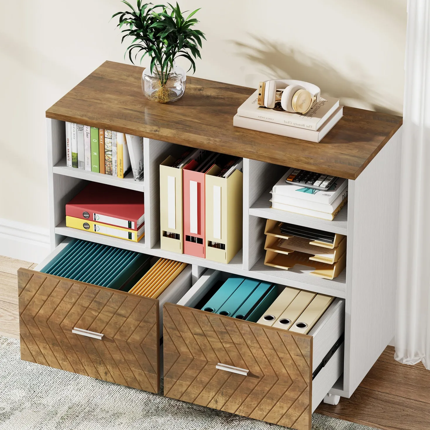 2-Drawer File Cabinet, Mobile Lateral Filing Cabinet with Shelves
