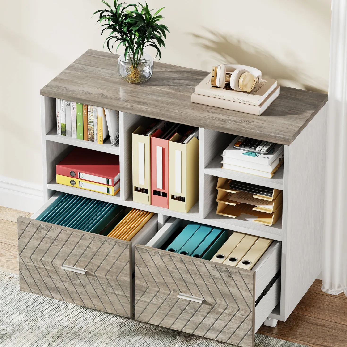 2-Drawer File Cabinet, Mobile Lateral Filing Cabinet with Shelves