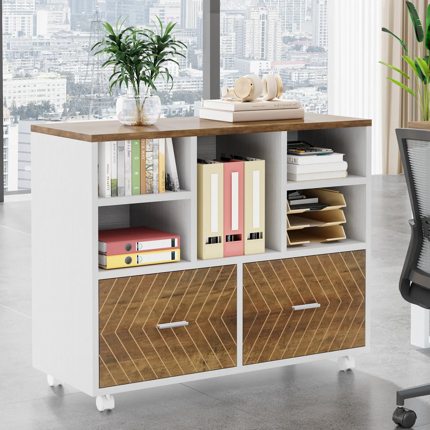 2-Drawer File Cabinet, Mobile Lateral Filing Cabinet with Shelves