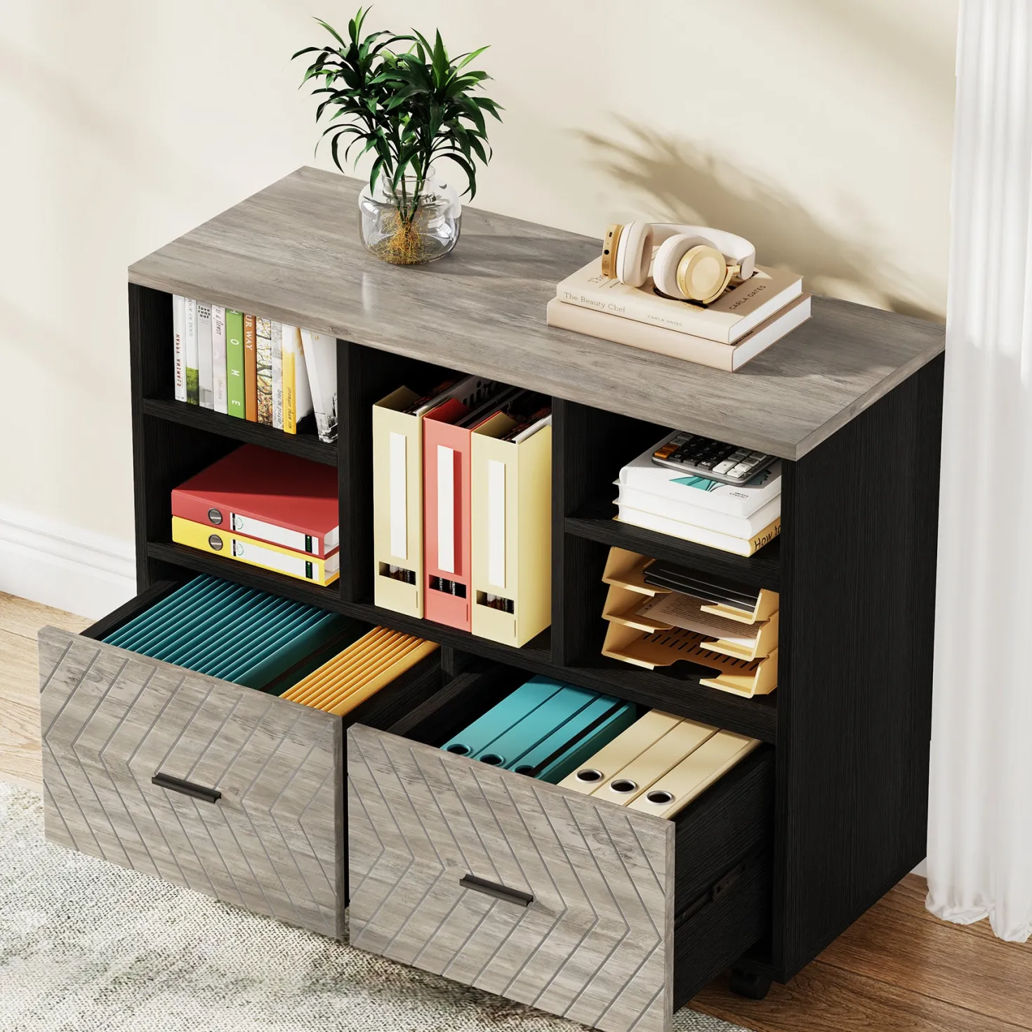 2-Drawer File Cabinet, Mobile Lateral Filing Cabinet with Shelves