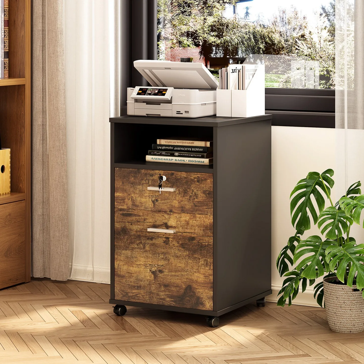 2-Drawer File Cabinet Mobile Printer Stand with Lock