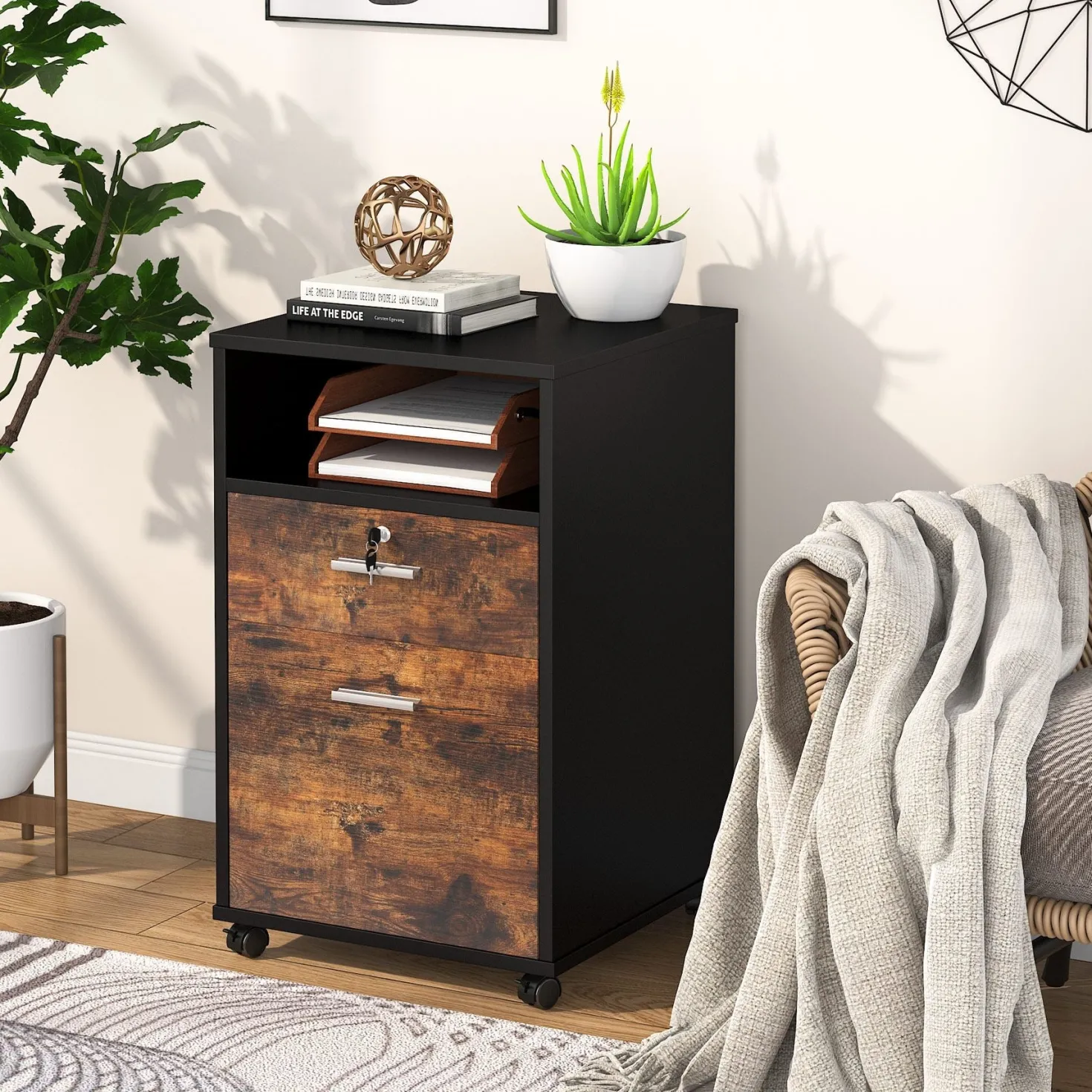 2-Drawer File Cabinet Mobile Printer Stand with Lock