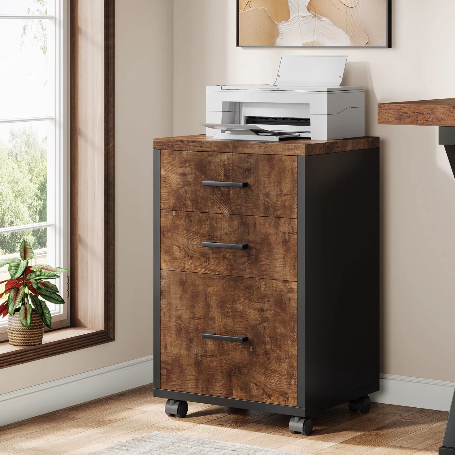 3-Drawer File Cabinet, Modern Rolling Printer Stand for Home Office