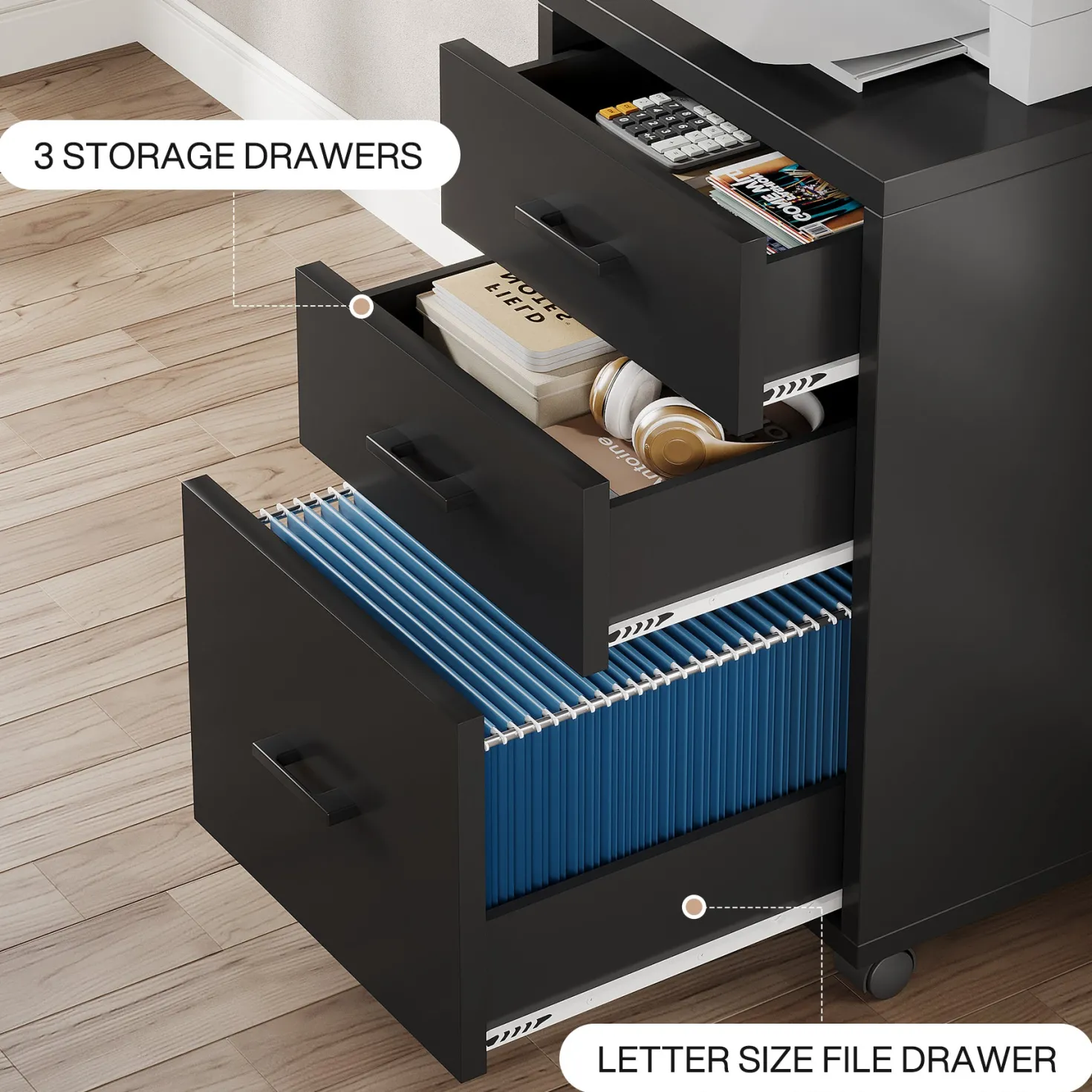 3-Drawer File Cabinet, Modern Rolling Printer Stand for Home Office