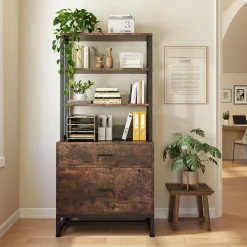 2-Drawer File Cabinet, Vertical Filing Cabinet with Lock & Bookshelf