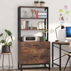 2-Drawer File Cabinet, Vertical Filing Cabinet with Lock & Bookshelf