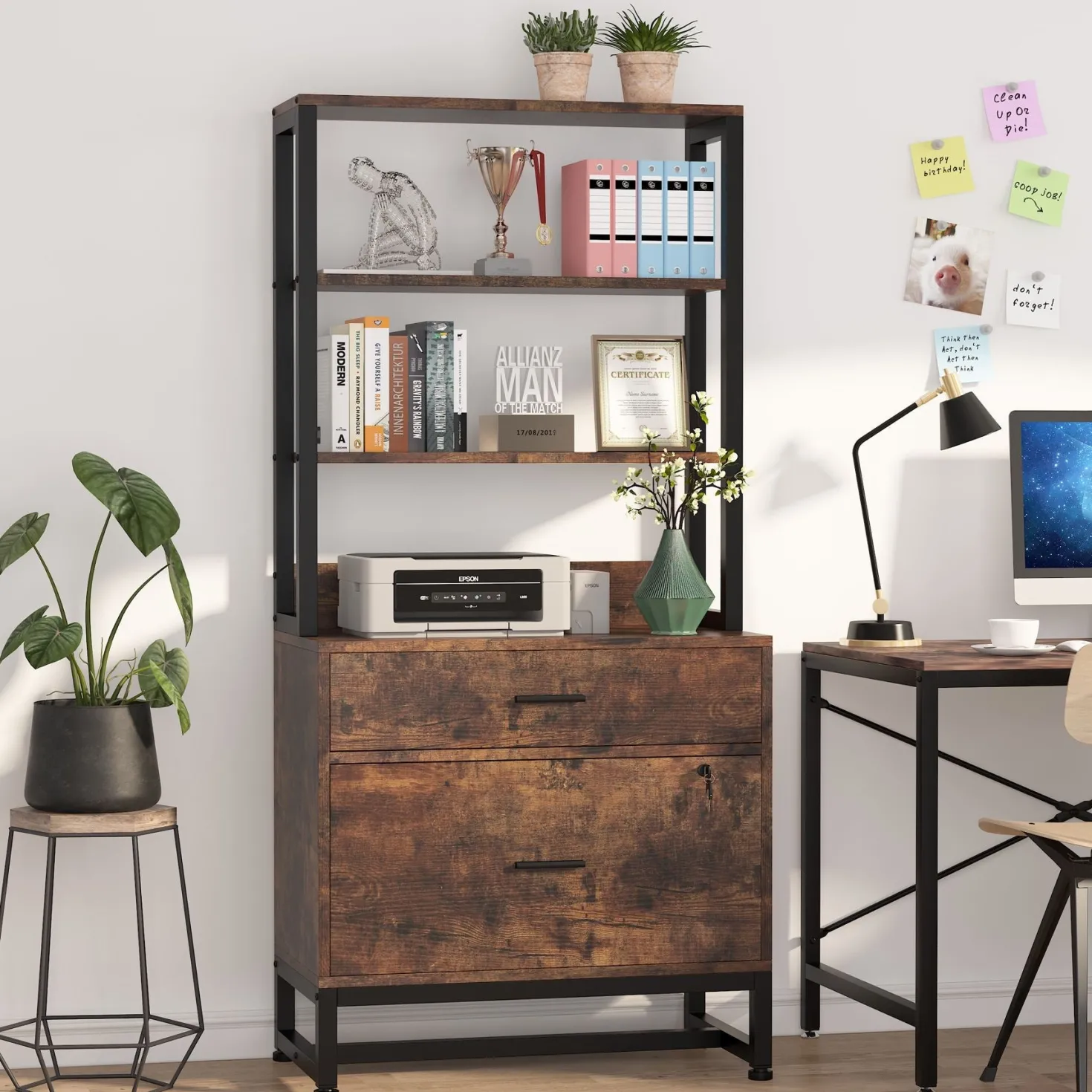 2-Drawer File Cabinet, Vertical Filing Cabinet with Lock & Bookshelf