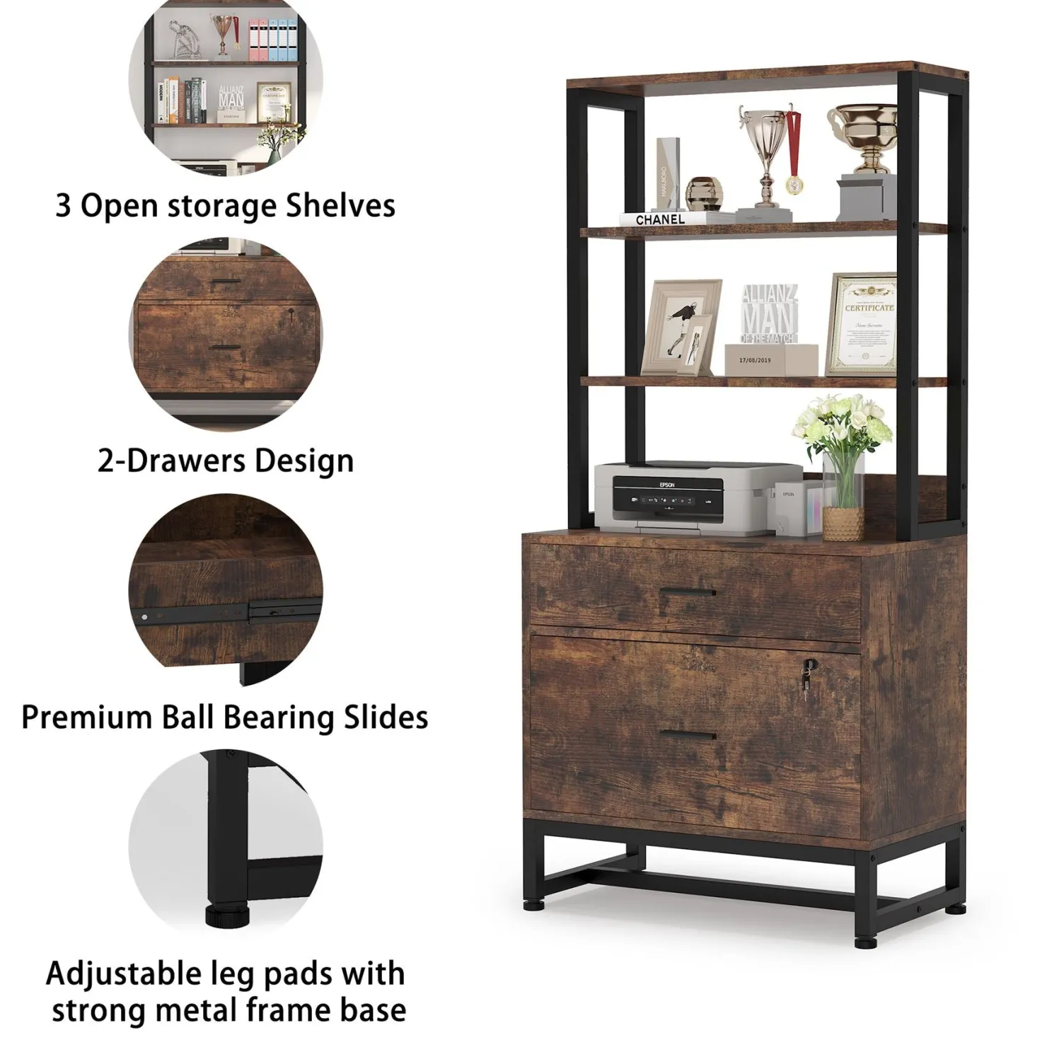 2-Drawer File Cabinet, Vertical Filing Cabinet with Lock & Bookshelf
