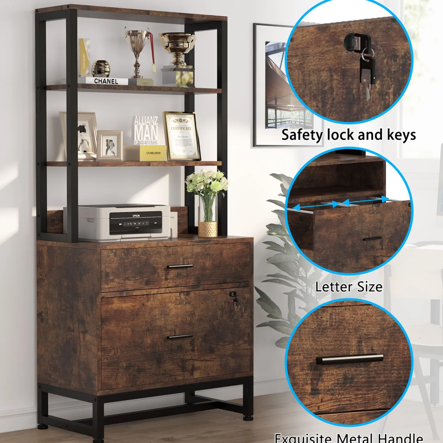 2-Drawer File Cabinet, Vertical Filing Cabinet with Lock & Bookshelf