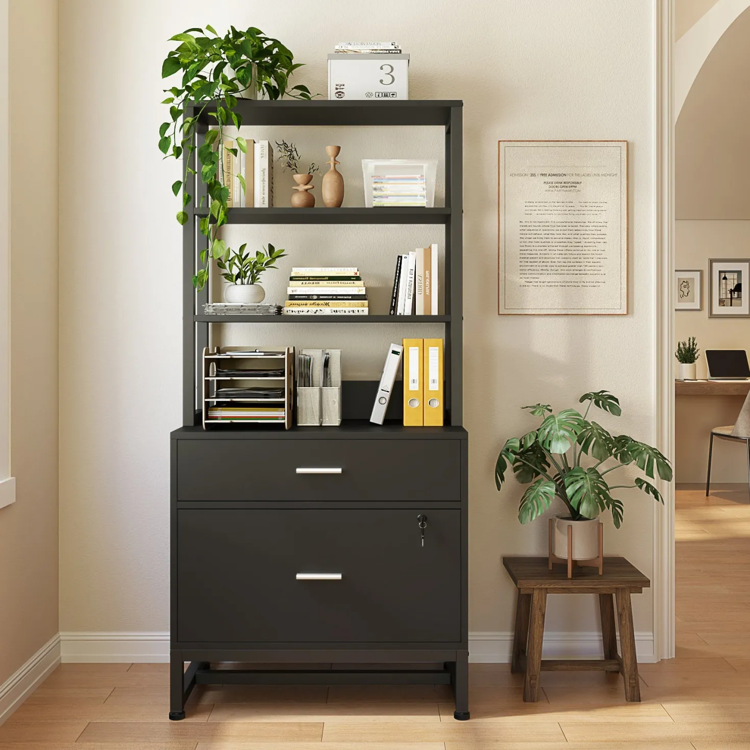 2-Drawer File Cabinet, Vertical Filing Cabinet with Lock & Bookshelf