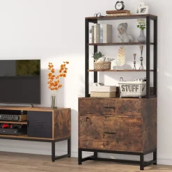 2-Drawer File Cabinet, Vertical Filing Cabinet with Lock & Bookshelf