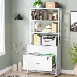 2-Drawer File Cabinet, Vertical Filing Cabinet with Lock & Bookshelf