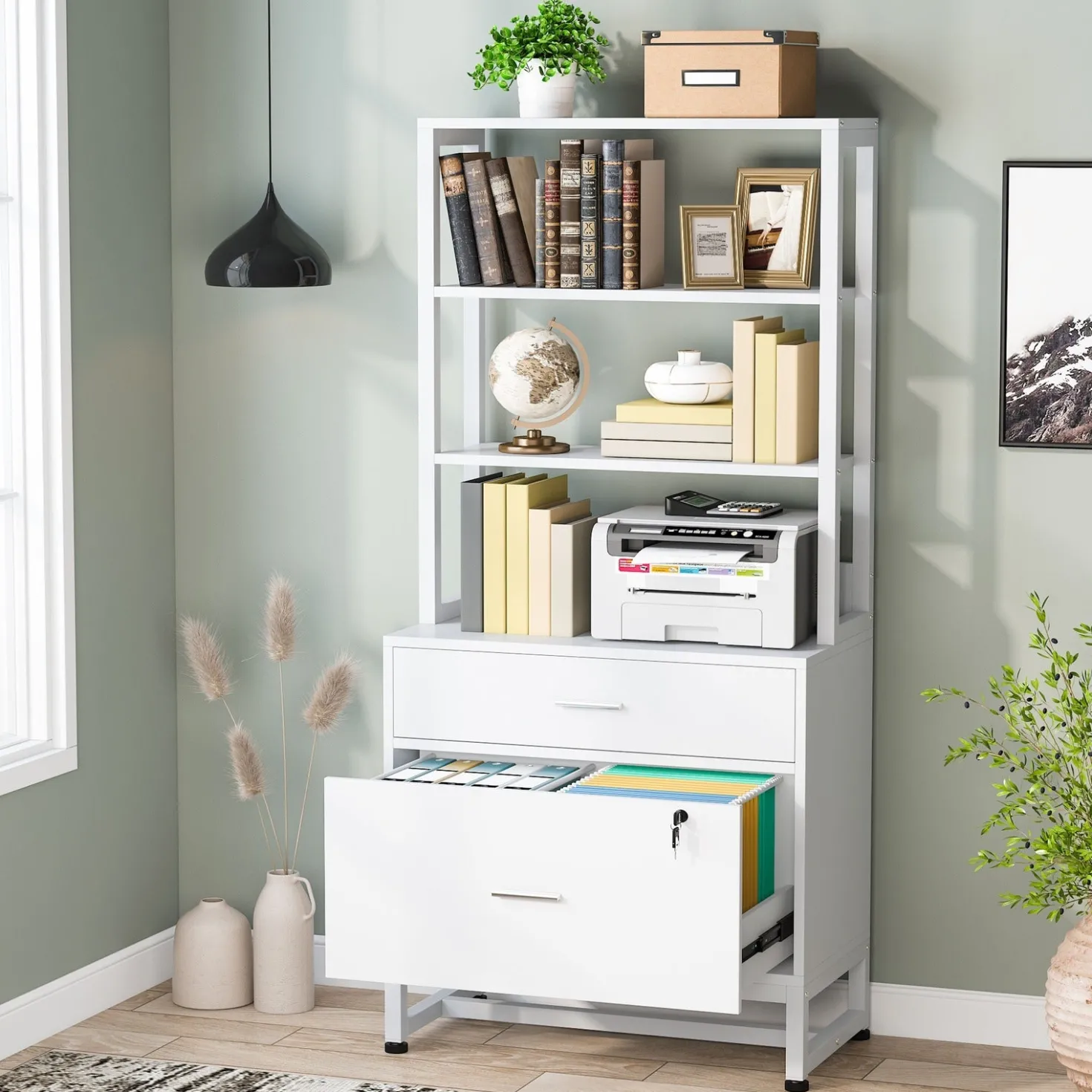 2-Drawer File Cabinet, Vertical Filing Cabinet with Lock & Bookshelf