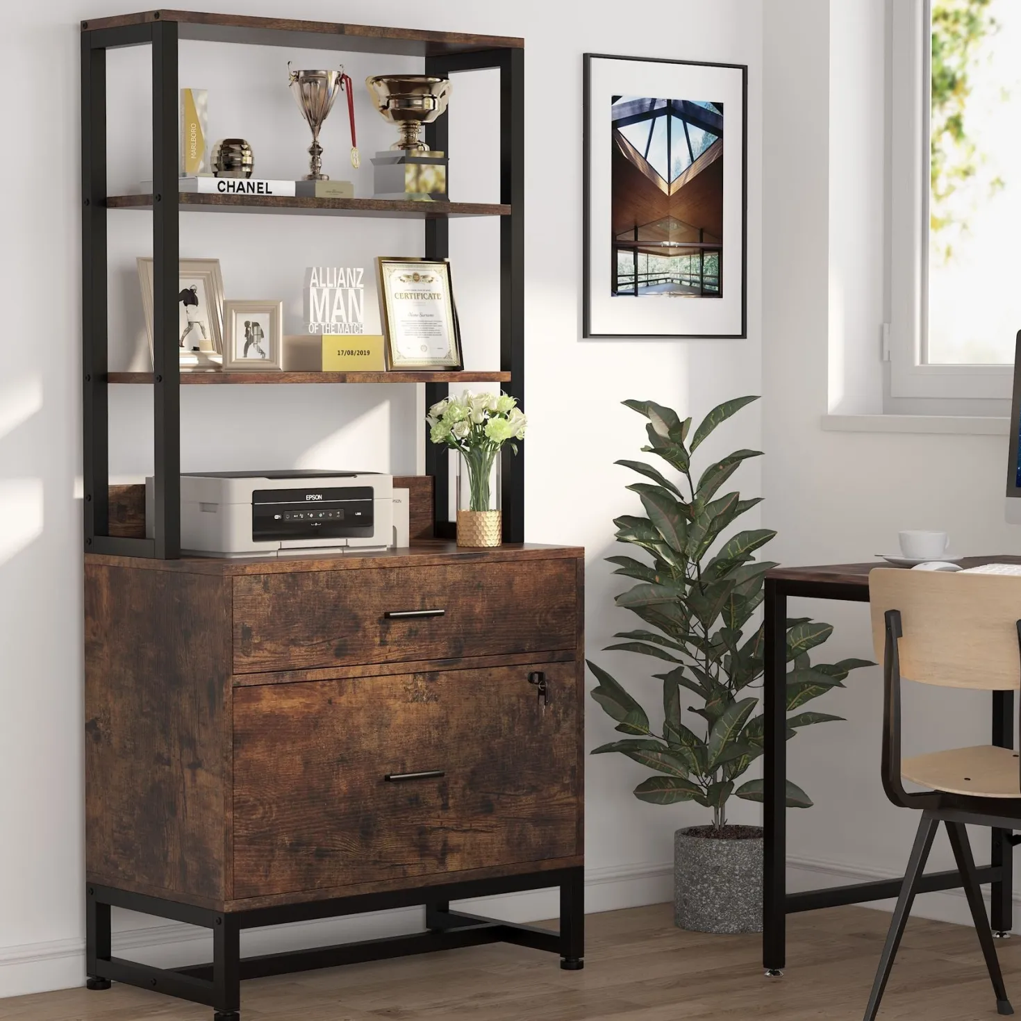 2-Drawer File Cabinet, Vertical Filing Cabinet with Lock & Bookshelf
