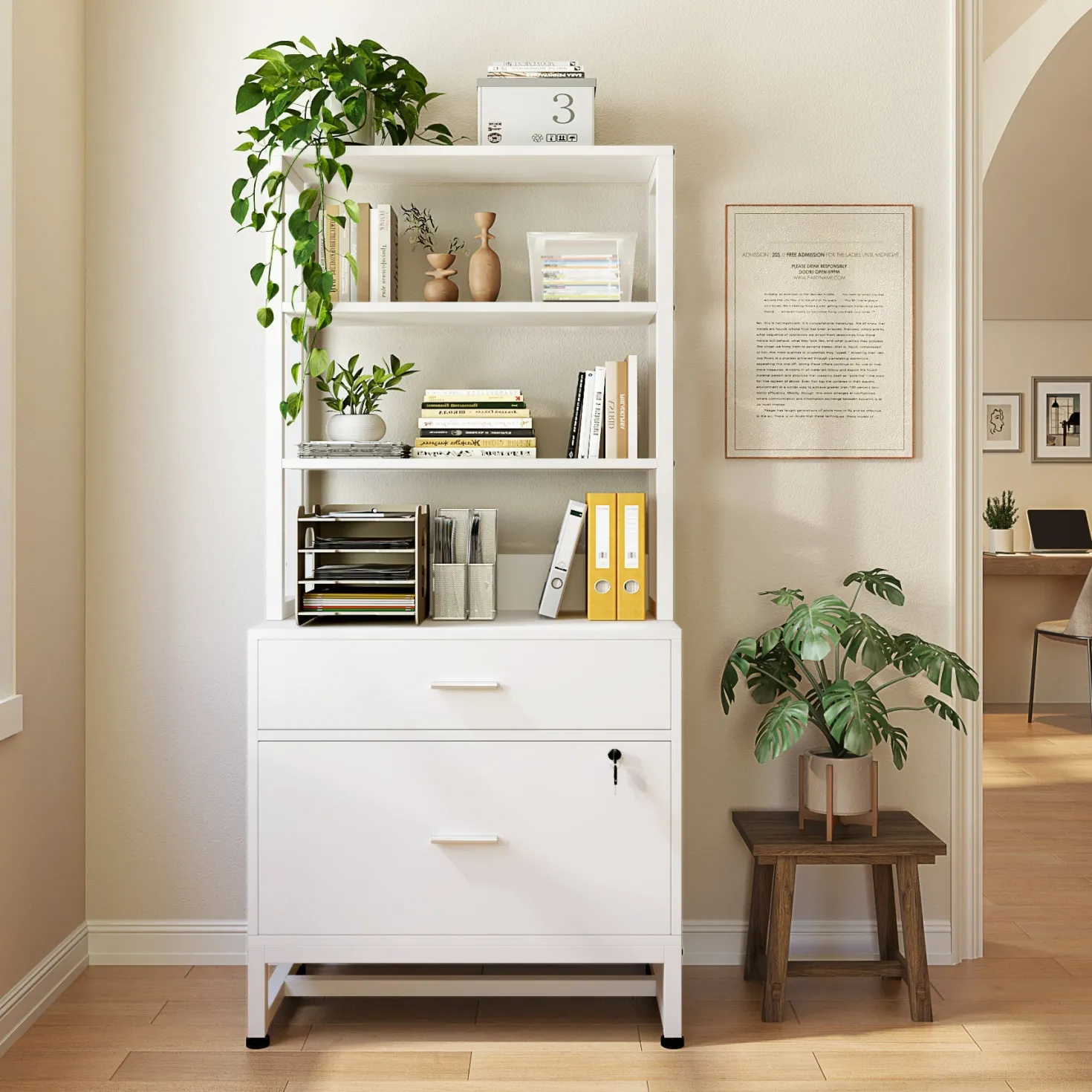 2-Drawer File Cabinet, Vertical Filing Cabinet with Lock & Bookshelf