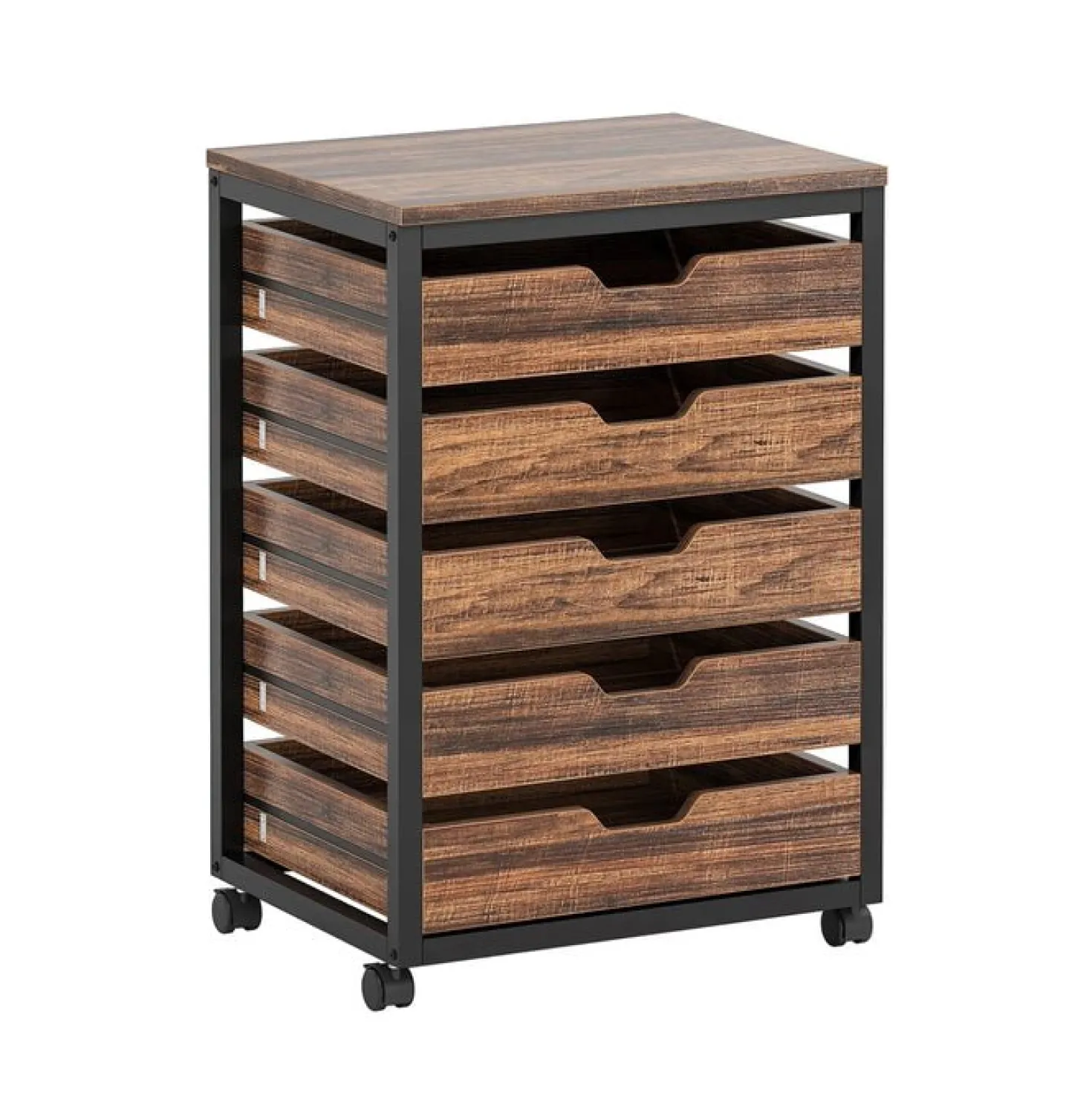 5-Drawer File Cabinet, Wood Mobile Storage Drawer Unit Industrial Office Cabinet with Drawers & Wheels