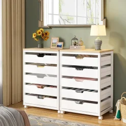 5-Drawer File Cabinet, Wood Mobile Storage Drawer Unit Industrial Office Cabinet with Drawers & Wheels