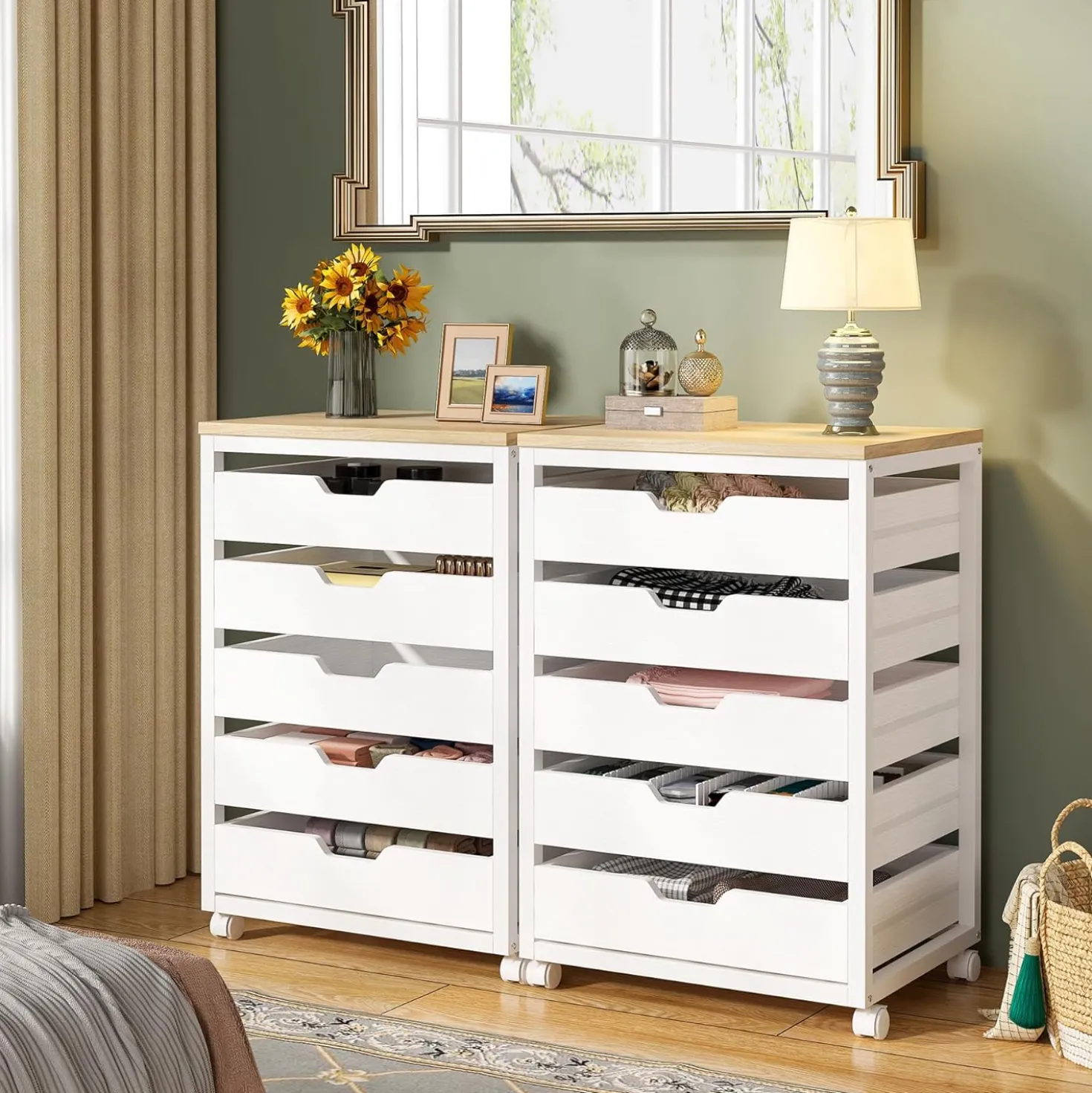 5-Drawer File Cabinet, Wood Mobile Storage Drawer Unit Industrial Office Cabinet with Drawers & Wheels