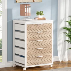 5-Drawer File Cabinet, Wood Mobile Storage Drawer Unit Industrial Office Cabinet with Drawers & Wheels