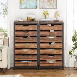 5-Drawer File Cabinet, Wood Mobile Storage Drawer Unit Industrial Office Cabinet with Drawers & Wheels