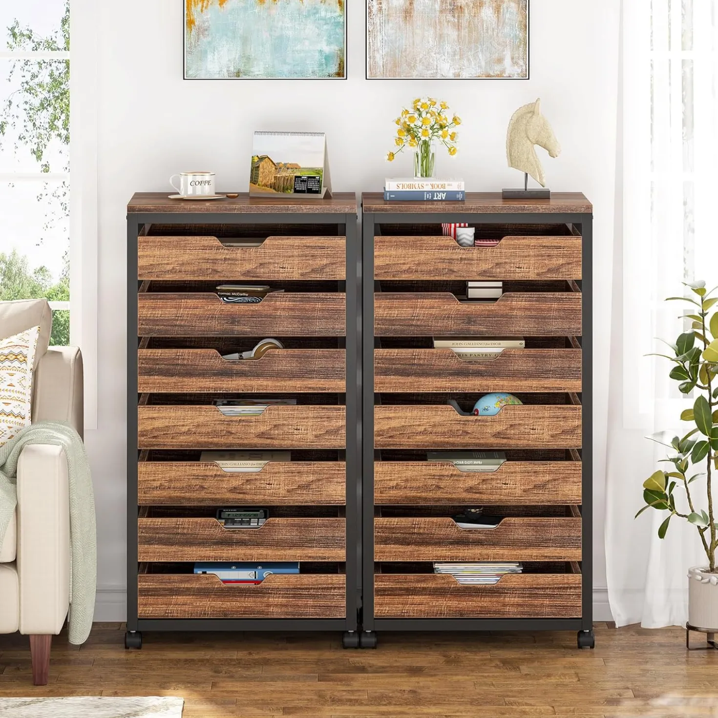 5-Drawer File Cabinet, Wood Mobile Storage Drawer Unit Industrial Office Cabinet with Drawers & Wheels