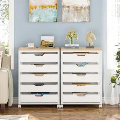 5-Drawer File Cabinet, Wood Mobile Storage Drawer Unit Industrial Office Cabinet with Drawers & Wheels