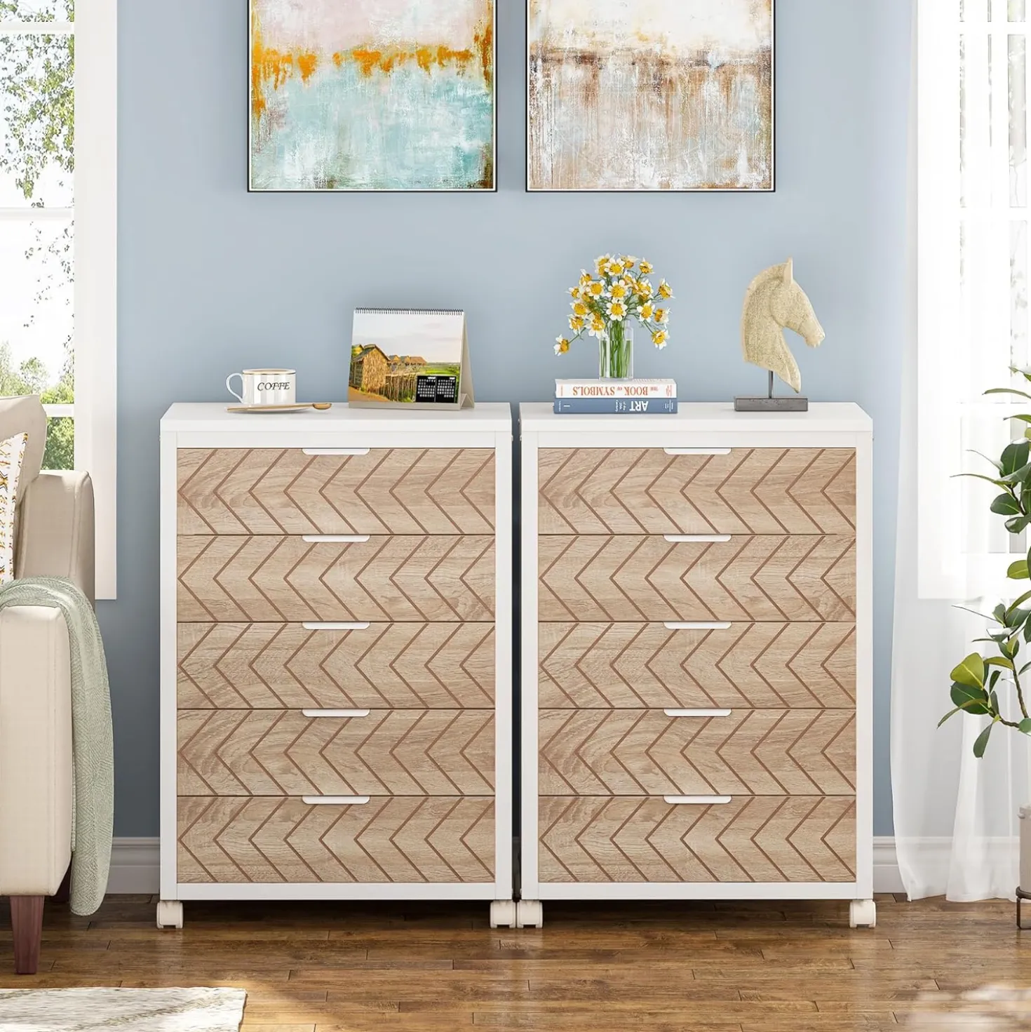 5-Drawer File Cabinet, Wood Mobile Storage Drawer Unit Industrial Office Cabinet with Drawers & Wheels
