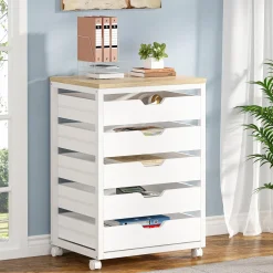 5-Drawer File Cabinet, Wood Mobile Storage Drawer Unit Industrial Office Cabinet with Drawers & Wheels