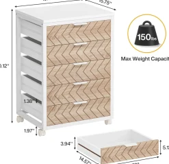 5-Drawer File Cabinet, Wood Mobile Storage Drawer Unit Industrial Office Cabinet with Drawers & Wheels