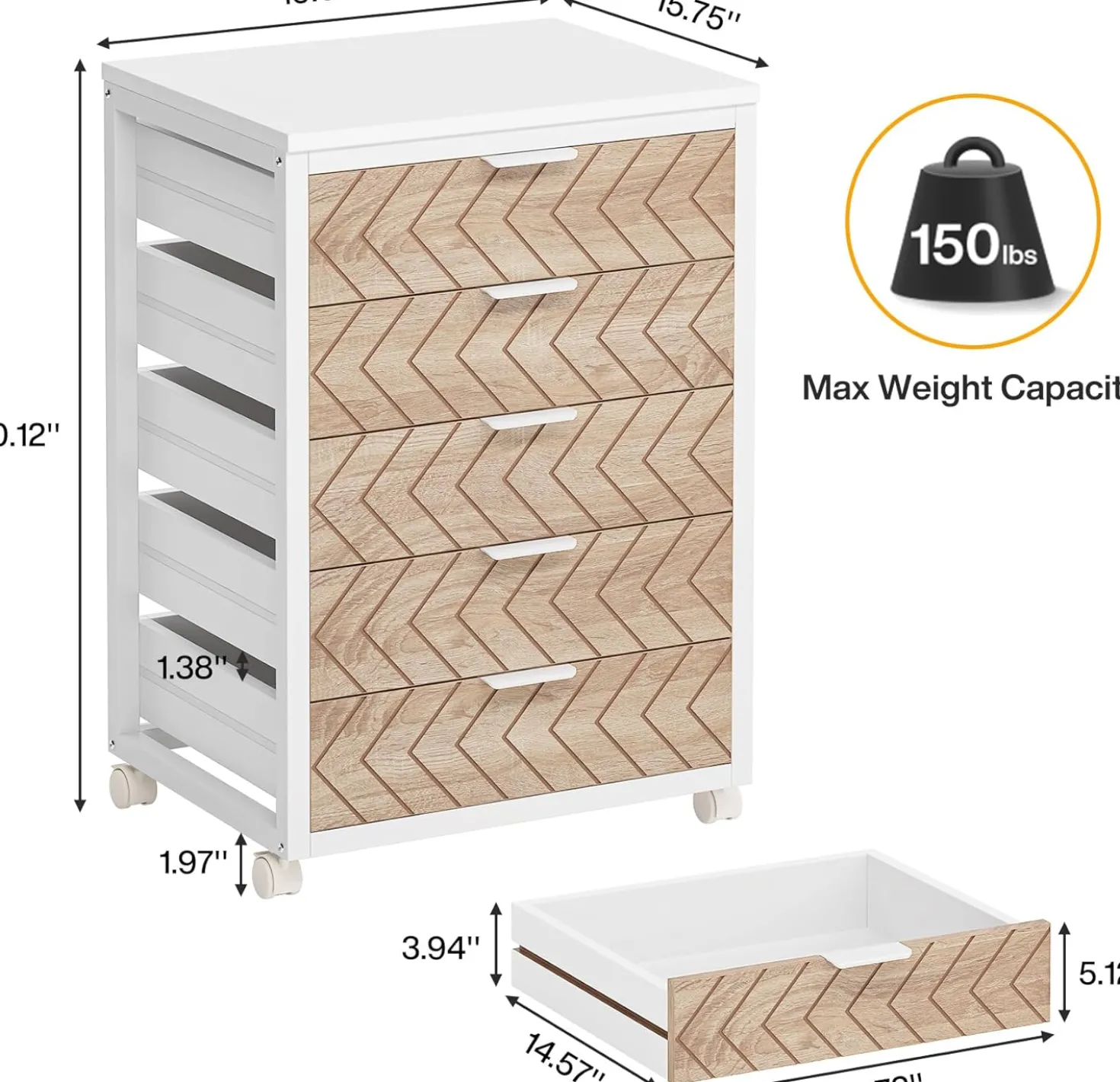 5-Drawer File Cabinet, Wood Mobile Storage Drawer Unit Industrial Office Cabinet with Drawers & Wheels