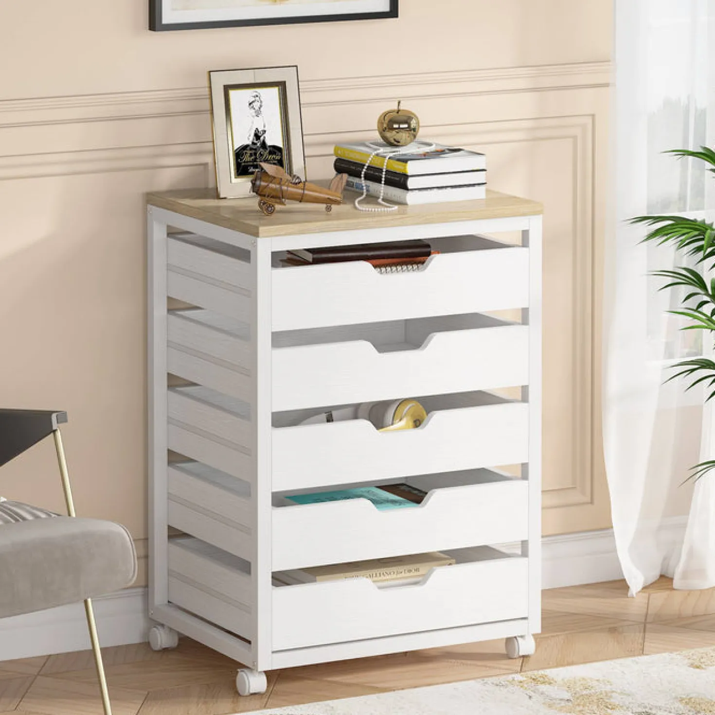 5-Drawer File Cabinet, Wood Mobile Storage Drawer Unit Industrial Office Cabinet with Drawers & Wheels