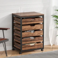 5-Drawer File Cabinet, Wood Mobile Storage Drawer Unit Industrial Office Cabinet with Drawers & Wheels