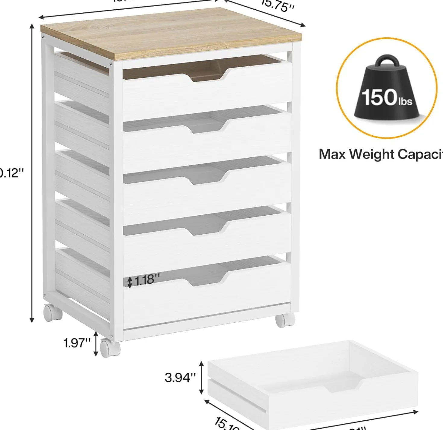5-Drawer File Cabinet, Wood Mobile Storage Drawer Unit Industrial Office Cabinet with Drawers & Wheels