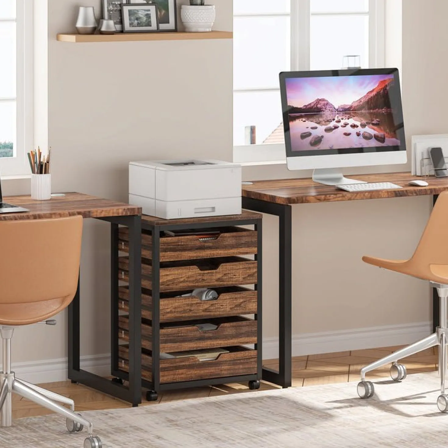 5-Drawer File Cabinet, Wood Mobile Storage Drawer Unit Industrial Office Cabinet with Drawers & Wheels