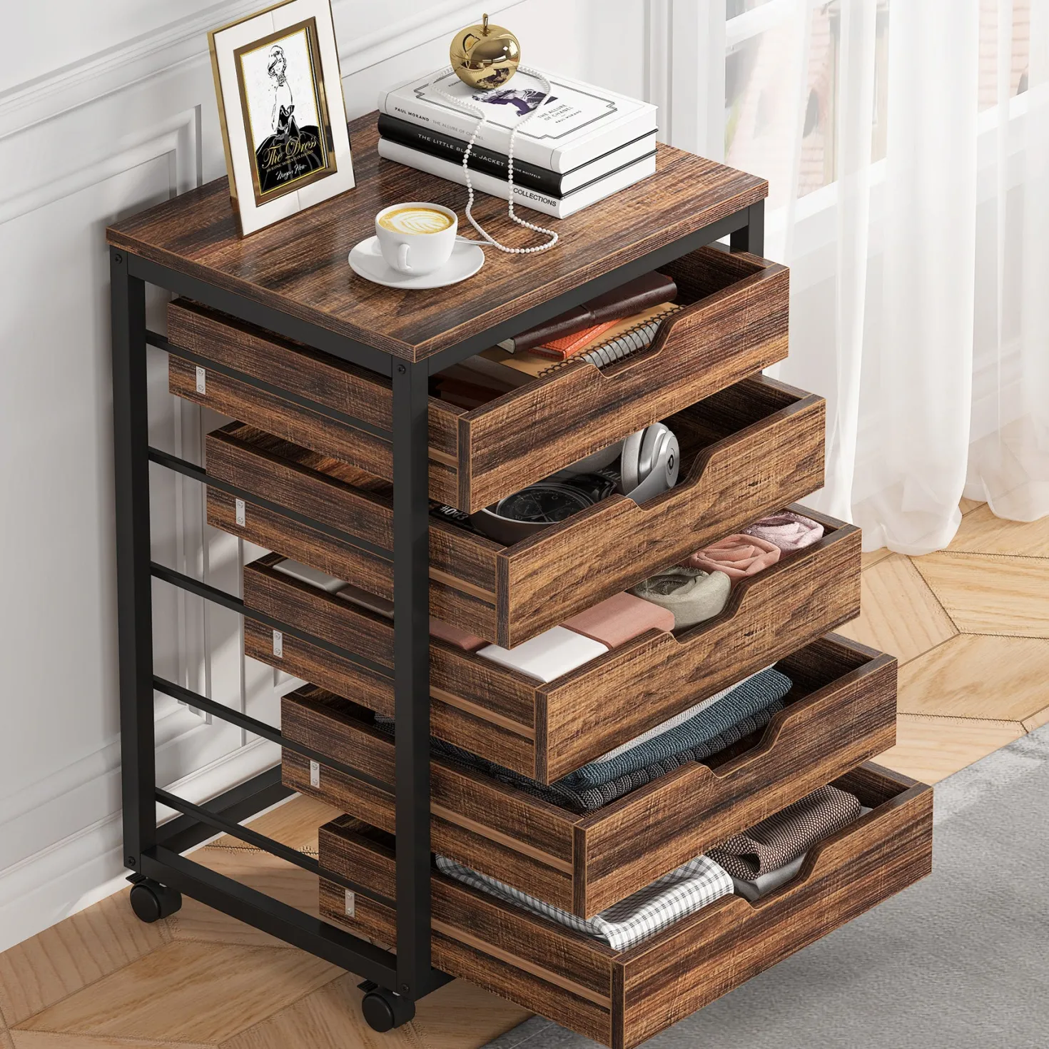 5-Drawer File Cabinet, Wood Mobile Storage Drawer Unit Industrial Office Cabinet with Drawers & Wheels