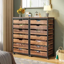5-Drawer File Cabinet, Wood Mobile Storage Drawer Unit Industrial Office Cabinet with Drawers & Wheels